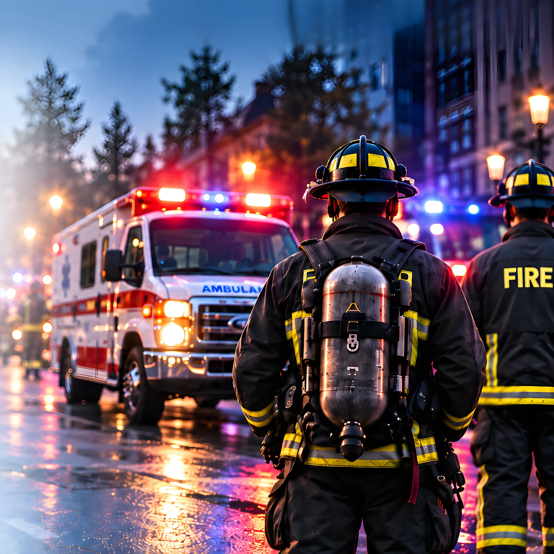 Firefighters and an ambulance on a rainy evening
